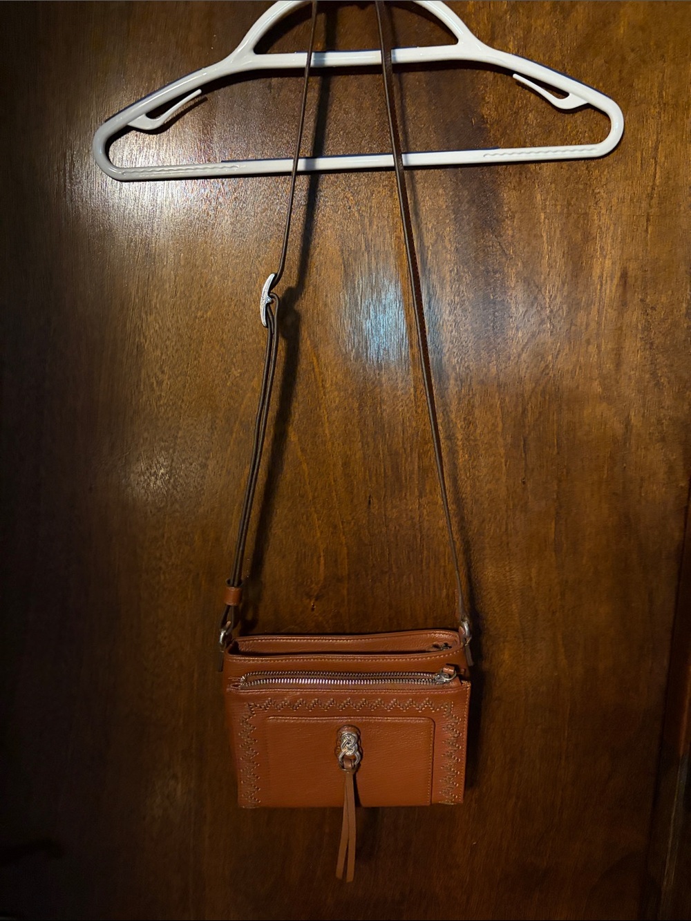 Brighton Tan Leather Crossbody with Tassel and Decorative Stitching